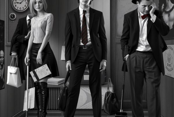 Three people in an elevator, dressed formally, captured in a moment of anticipation and diverse moods.