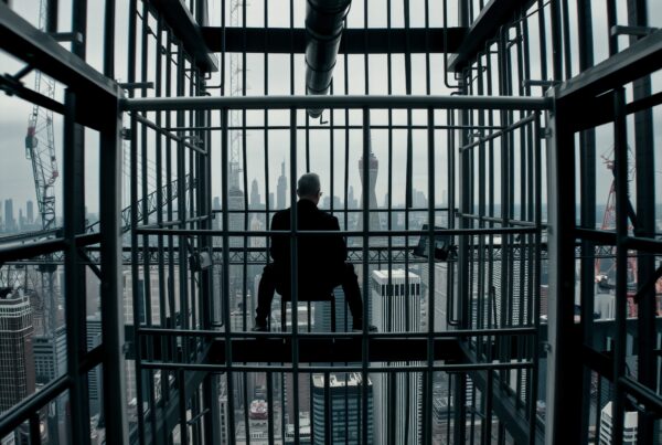 Image of a person sitting in a metal cage high above a city skyline, highlighting themes of isolation and urban confinement.