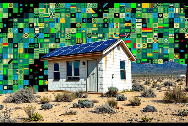 Image of a desert house with solar panels, vibrant mosaic art backdrop, and distant mountains.