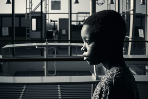 Black and white portrait of a contemplative boy in an industrial setting.