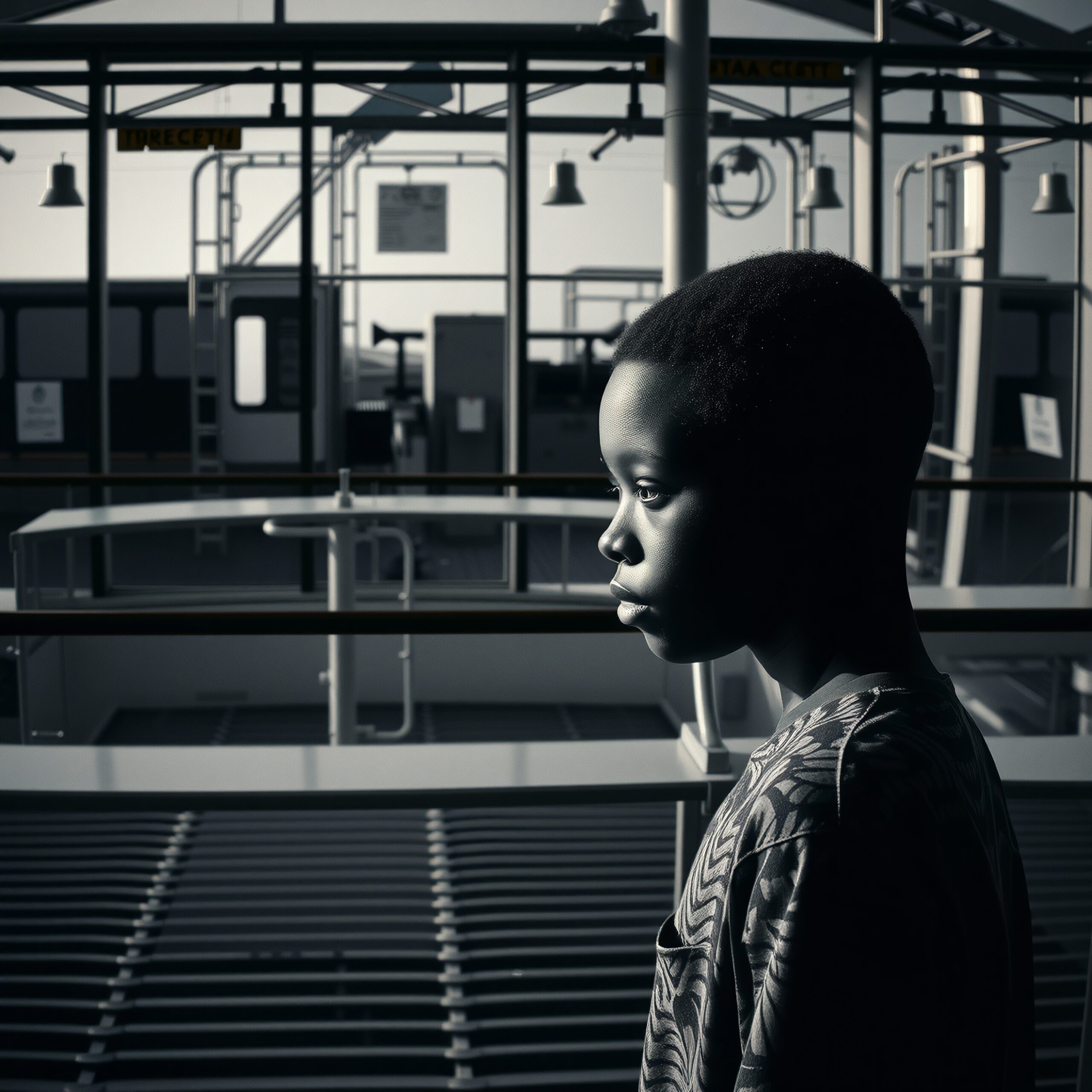 Contemplative boy in industrial landscape