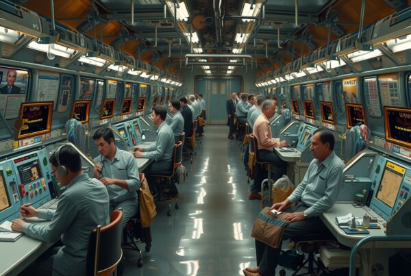 A vintage control room with men working at various control stations, featuring retro industrial design and equipment.