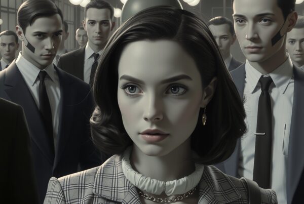 A young woman stands confidently among suited men under elegant pendant lights.