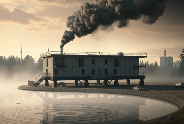 Misty industrial building by reflective pool.