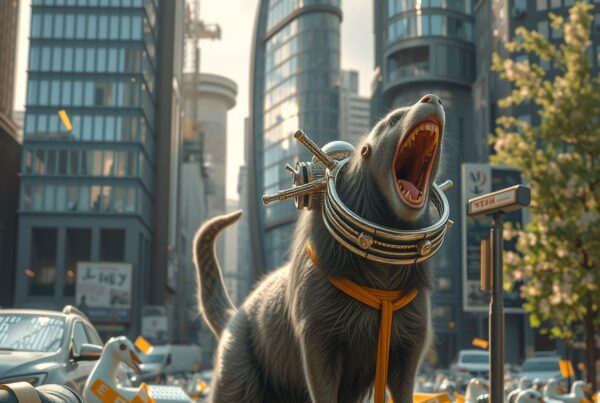 A futuristic creature with a metallic collar roars in a cyberpunk cityscape with towering skyscrapers.