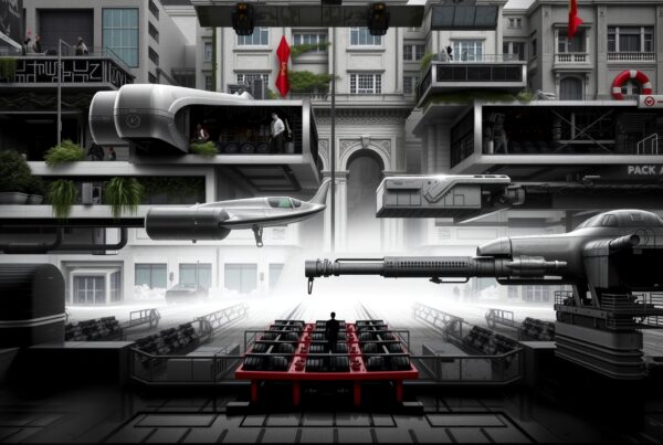 Futuristic cityscape with flying vehicles and lush greenery.