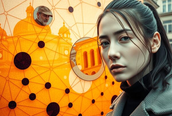 Young woman against geometric orange backdrop.