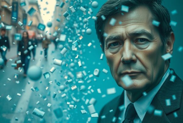 A detailed man amidst floating shapes in a cityscape.