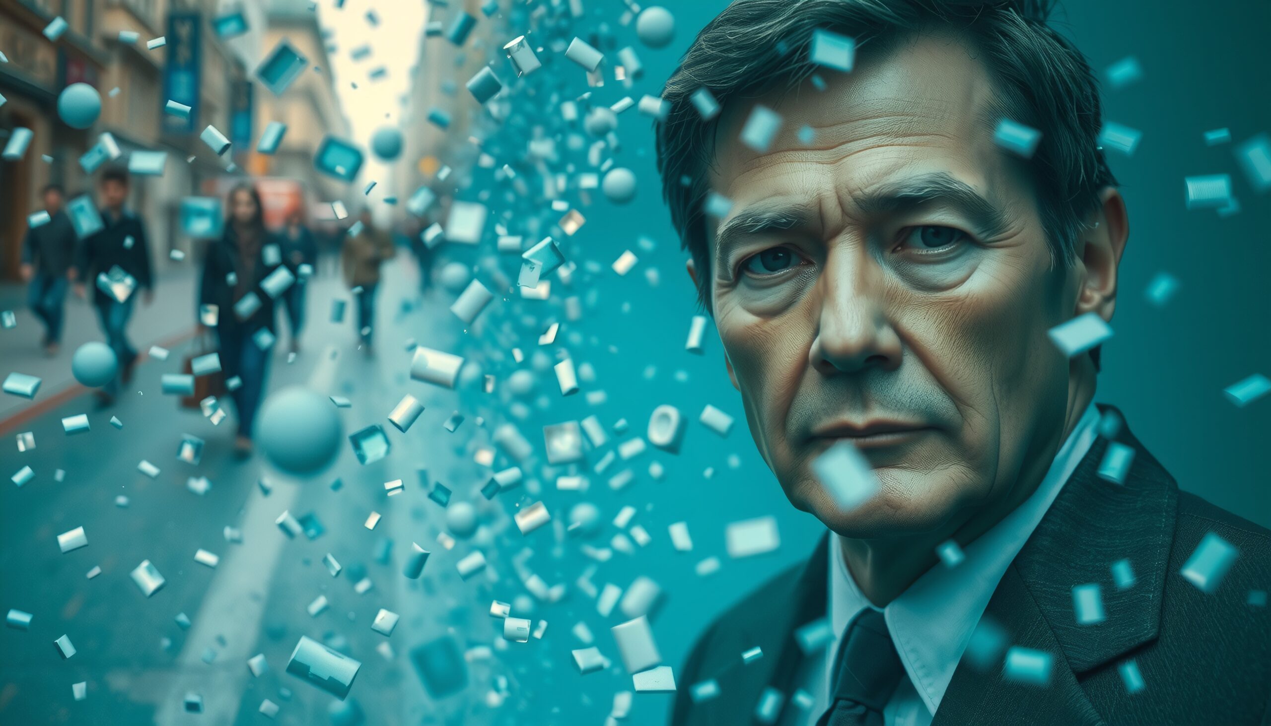 Geometric Chaos Surrounds Businessman