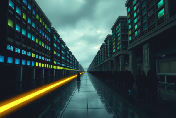 Futuristic cityscape with illuminated buildings and silhouetted figures along a reflective corridor.