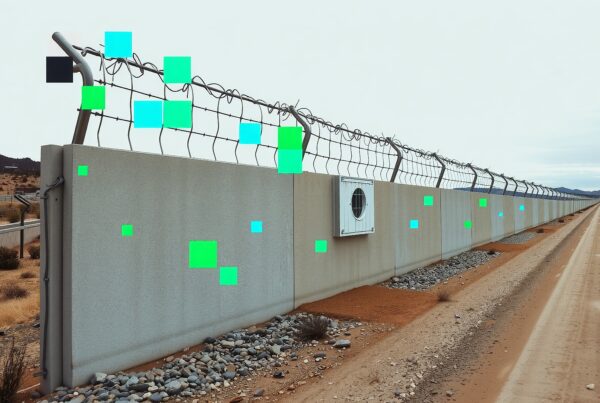 Concrete wall with colorful digital squares in a desert landscape, featuring barbed wire on top.
