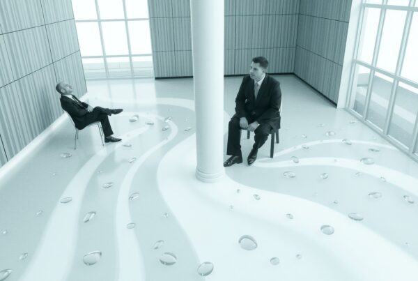 Two men seated in modern office with artistic water-inspired flooring design.