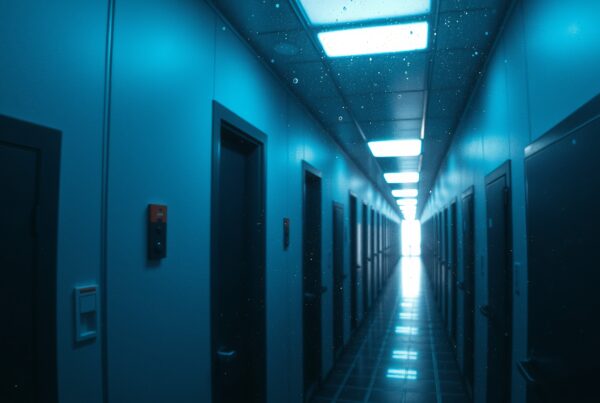 A long corridor with blue light and doors, creating an institutional atmosphere.
