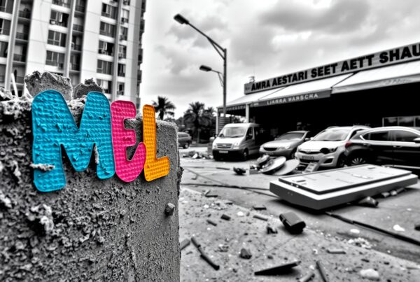 Image of a colorful “MEL” text on concrete with an urban backdrop.