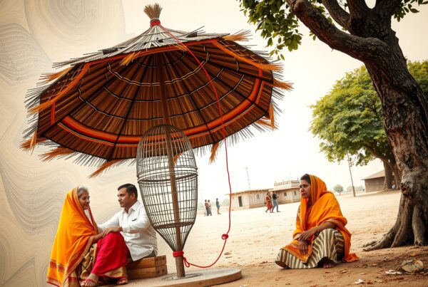 Three people under colorful umbrella enjoying a peaceful conversation in a rural setting with traditional attire and natural scenery.