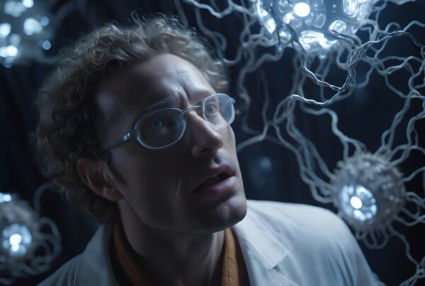 A man in a white lab coat gazes at glowing orbs connected by wires in a dark room.