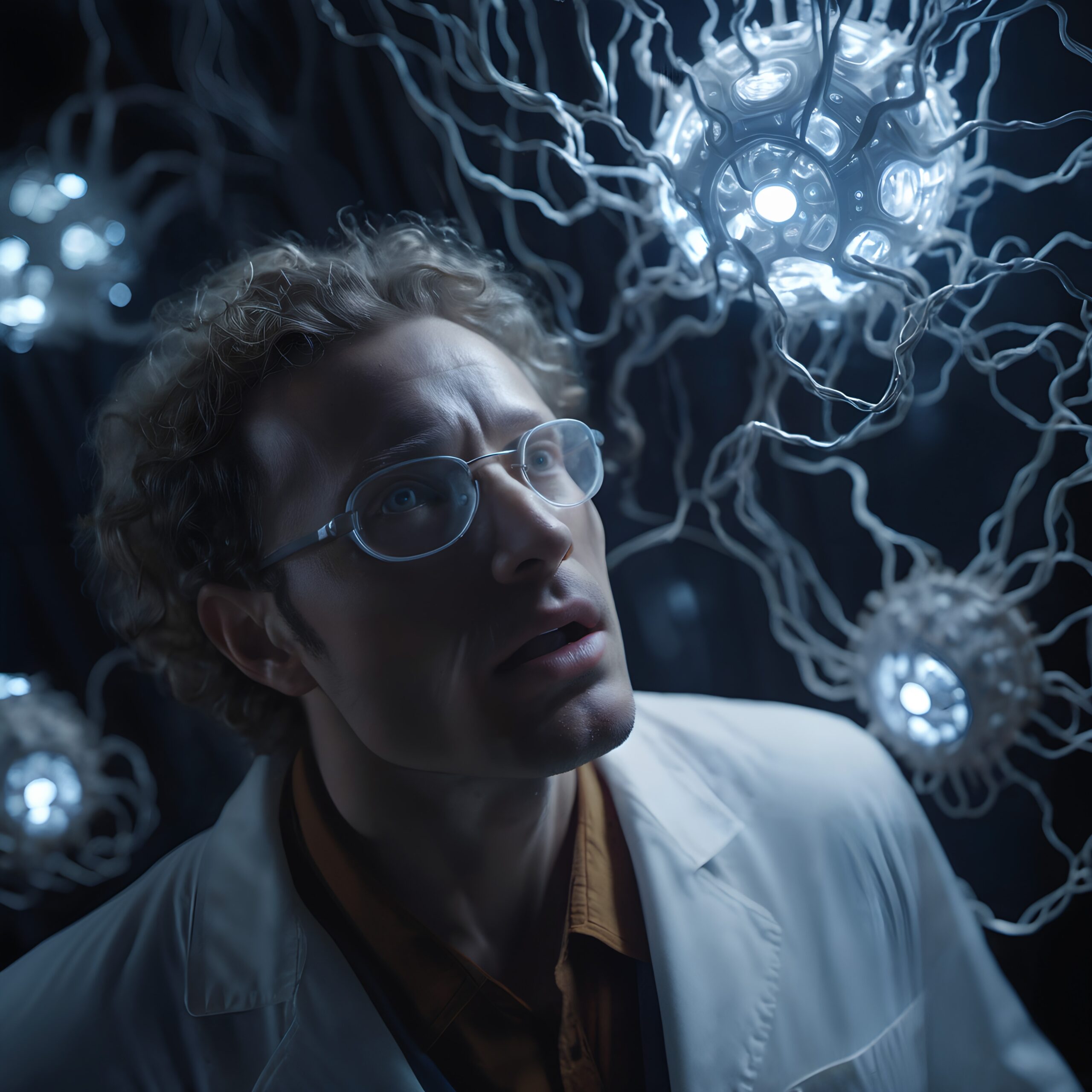 Man Enthralled by Glowing Orbs