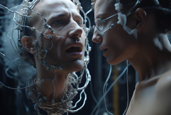 A futuristic scene of two figures connected by cables, exploring human-machine interaction and technology.