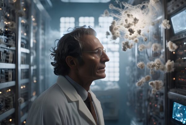 A scientist in a high-tech server room examines mysterious floating entities, blending technology and imagination.
