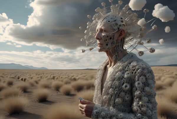 A futuristic figure in a desert landscape with intricate metallic attire and a cloud-adorned headpiece.