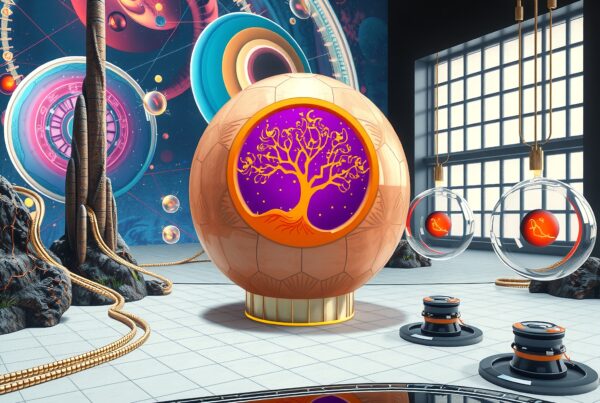 Futuristic mural with cosmic spheres and tree design.