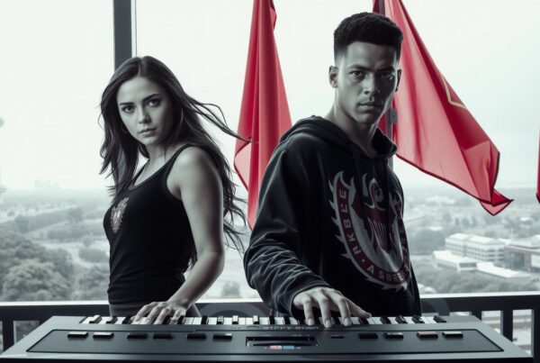 Two young musicians play keyboards with a modern city view.