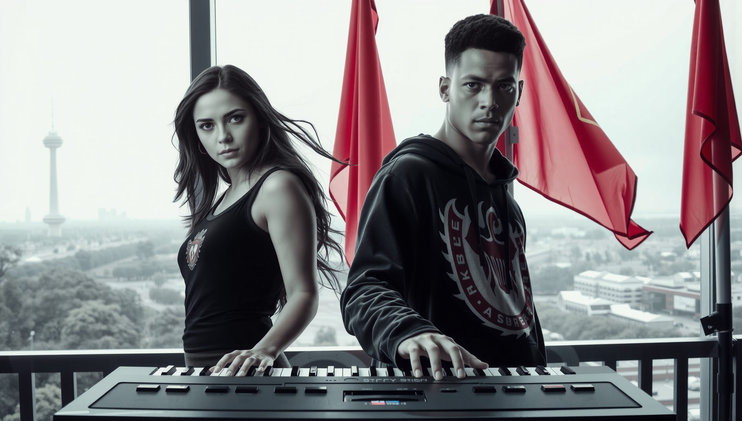 Musicians in Modern Cityscape