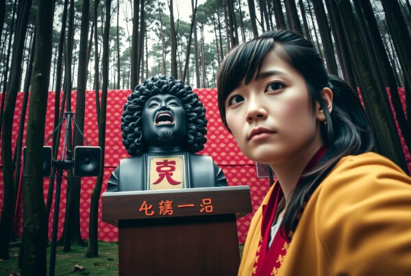 A woman poses with a dramatic statue in a forest installation.