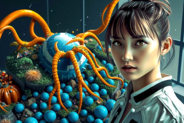 A young woman in a vibrant, surreal landscape with an orb and tentacles.