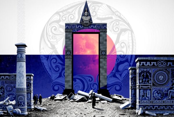 Surreal scene of a monumental gateway with mystical ruins set against a vibrant cosmic sky, symbolizing ancient histories and lost civilizations.