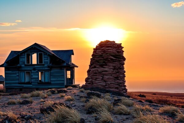 A rustic abandoned house and stone structure silhouetted against a vibrant orange and yellow sunset, set in a desolate landscape.