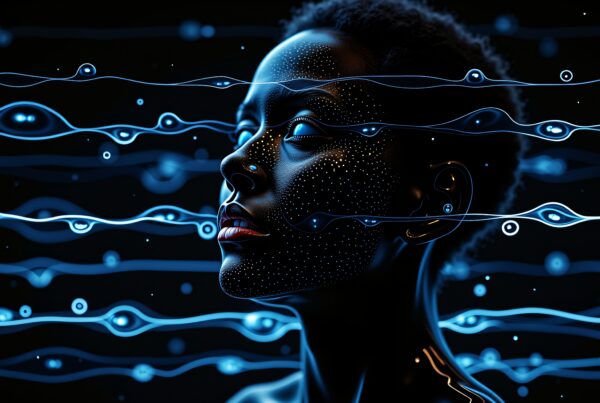 Futuristic digital portrait with glowing blue lines and dots.