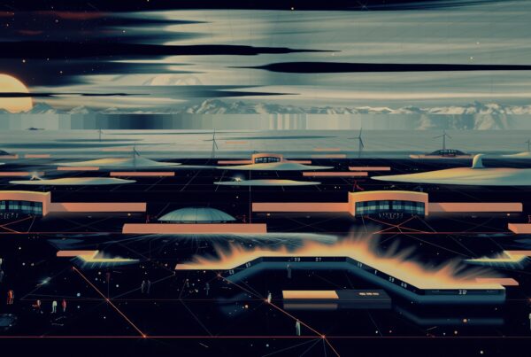 Futuristic landscape with geometric structures and sunset.