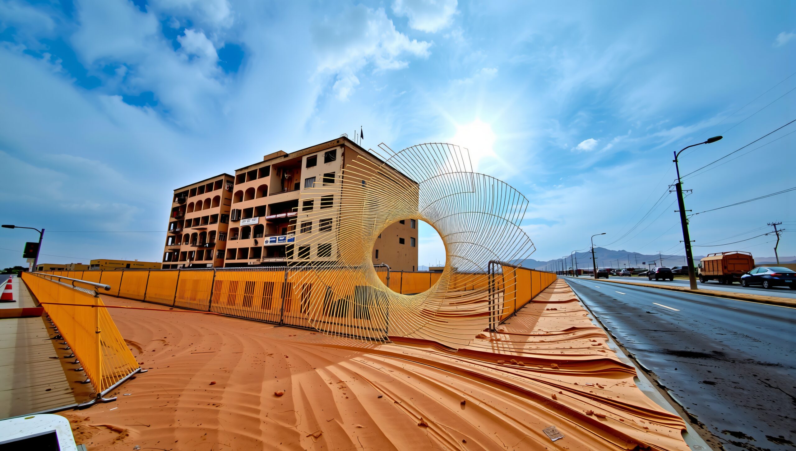 Urban Scene with Artistic Sculpture
