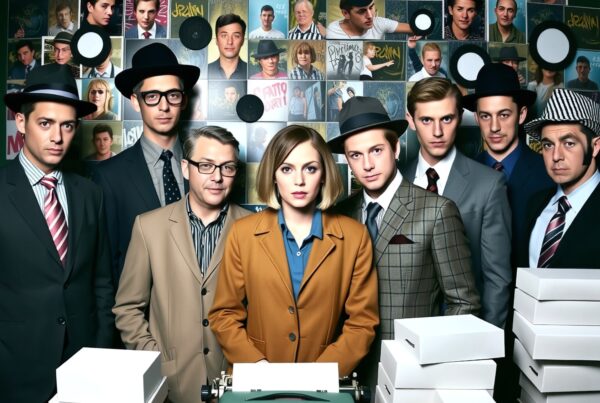 A group in retro attire poses in front of a wall filled with vintage photos and records, conveying a mysterious vibe.