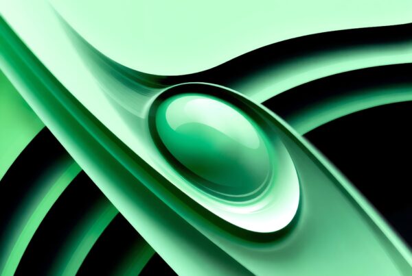 Abstract green design with central glossy oval element and flowing lines.