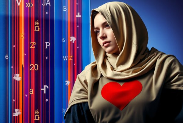 A woman in a headscarf stands against a symbol-filled backdrop with a heart, evoking a modern and reflective mood.