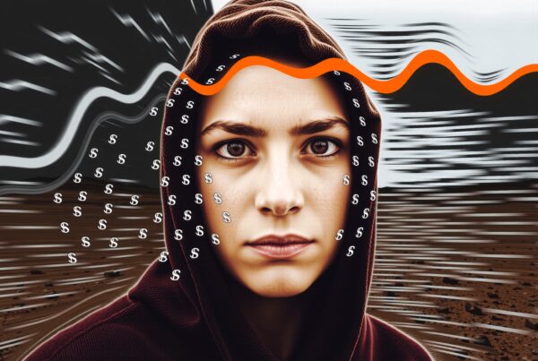 A young person in a hooded garment looks intensely at the viewer amidst abstract patterns and floating dollar signs, suggesting themes of wealth and movement.