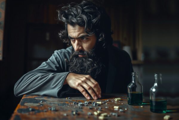 A man with a beard sits pensively at a table covered with pills and bottles.