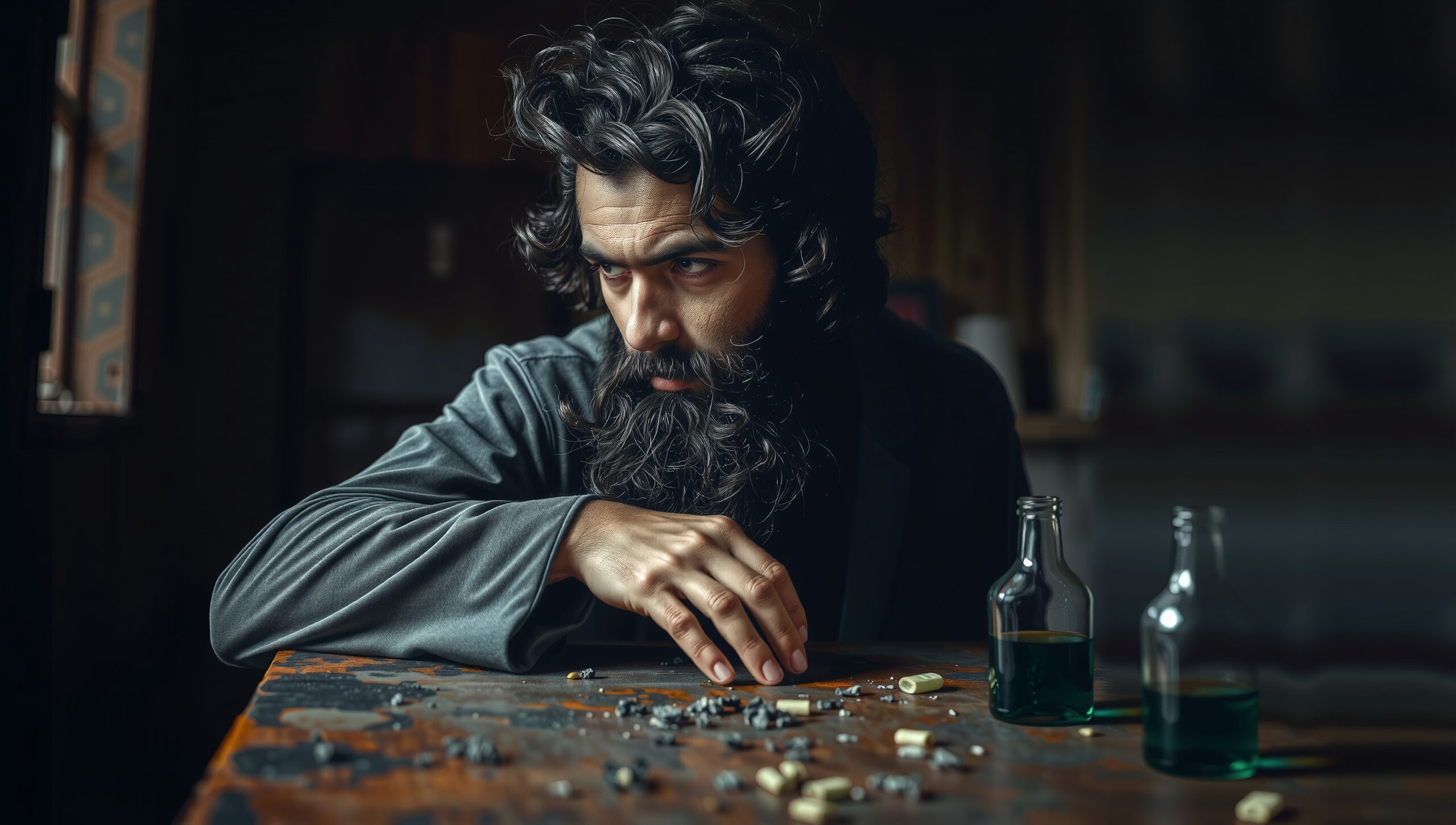 Contemplative man amidst chaos