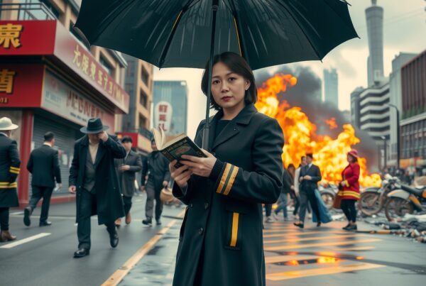 A woman with an umbrella stands in a city street with a blaze behind, contrasting calmness with urban chaos.