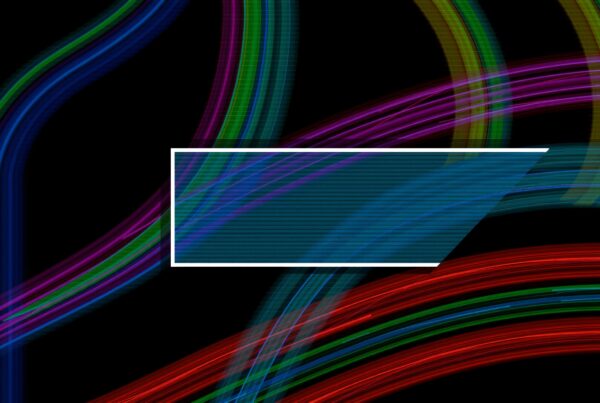 Colorful abstract lines on black background with a blue gradient insert.
