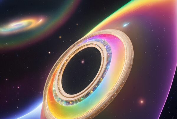 Artistic depiction of a radiant cosmic ring floating in a colorful and starry universe.