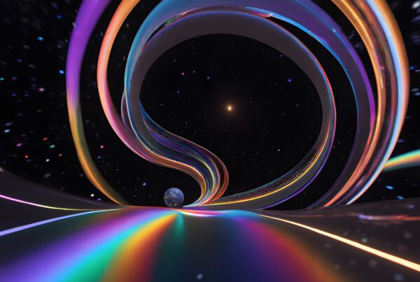 Abstract cosmic highway with swirling vibrant ribbons against a starry sky.