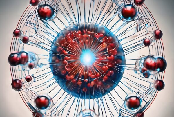 Abstract illustration of complex cellular structure with a glowing blue core, red spheres, and intricate connections, depicting a biological theme.