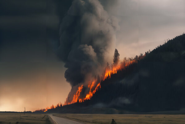 A man walking on a road with a large forest fire behind him.