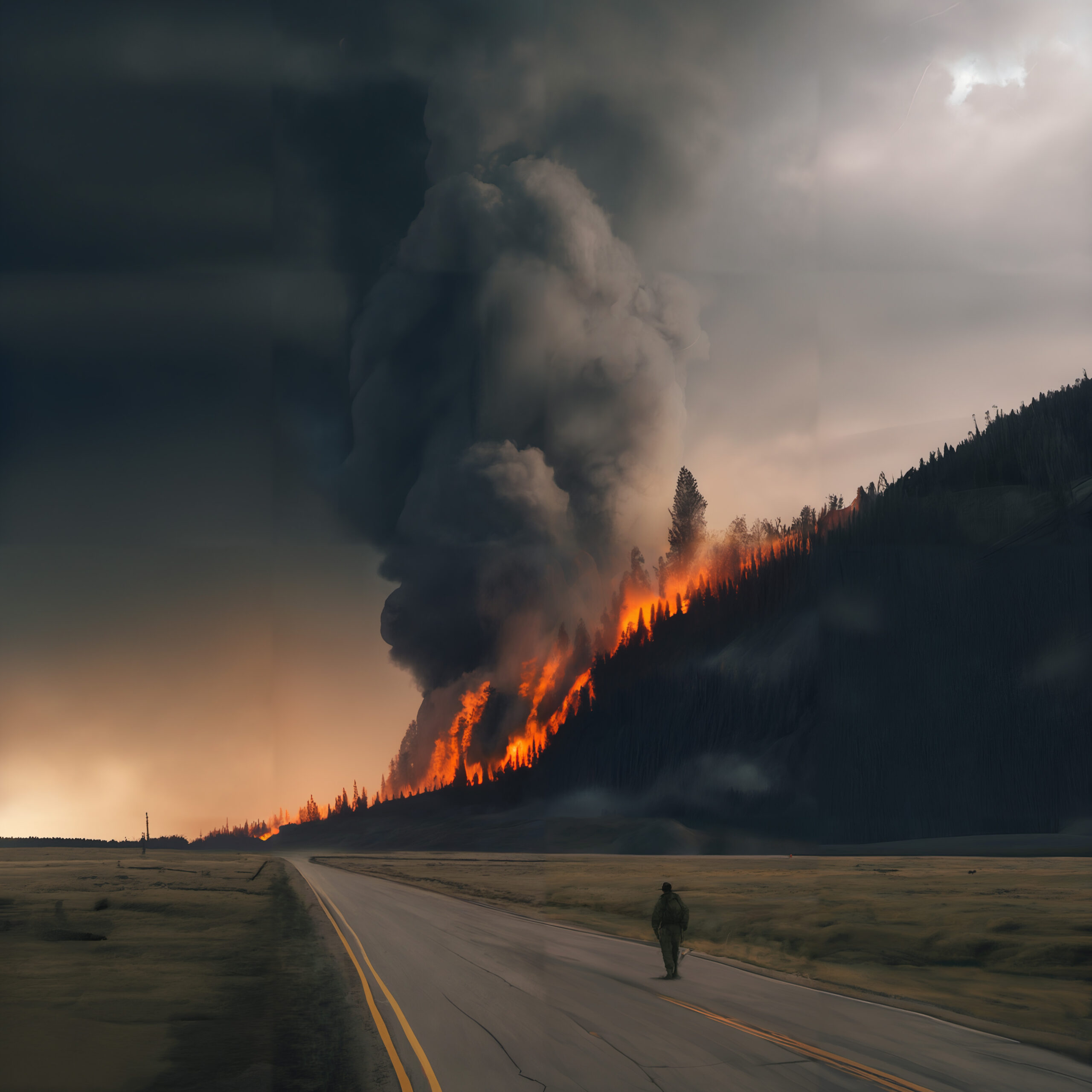 A man walking on a road with a large forest fire behind him