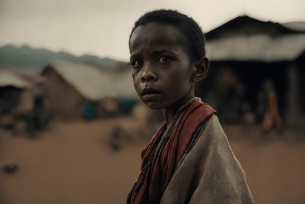Young child with somber expression in a rural setting.