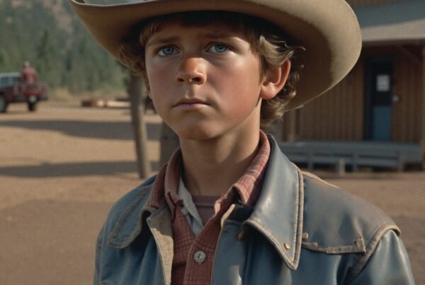 Young boy in cowboy hat outside wooden building.