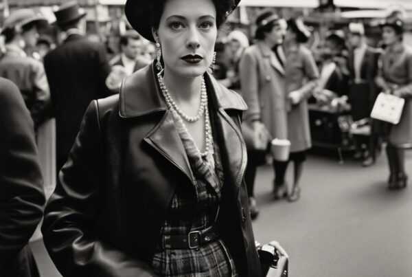 A woman in 1940s fashion with pearls and a hat stands confidently at a bustling vintage market scene.